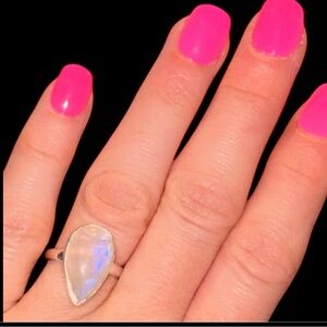 Rainbow Moonstone BIG Flash Teardrop Solitaire Ring Set in 925 Sterling Silver